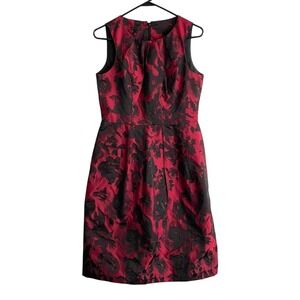 Talbots 4 Red Black Floral Roses Fit & Flare Front Pleat Holiday Cocktail Dress